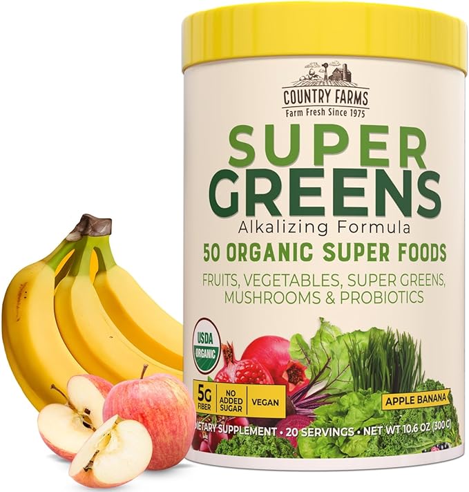 COUNTRY FARMS Super Greens Apple Banana 50 Organic 20 Servings, 10.6 Oz