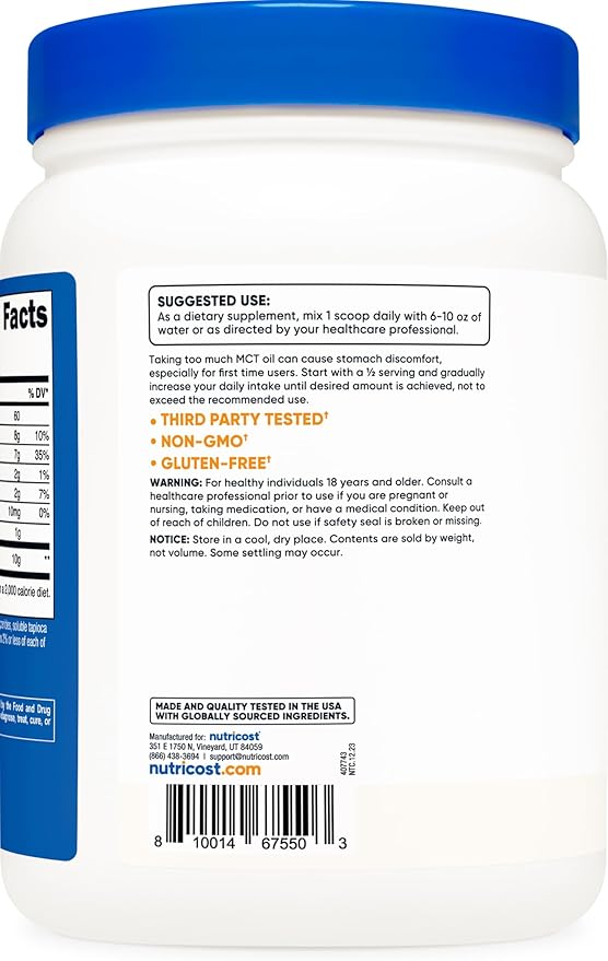 Nutricost MCT Oil Powder 1LB (16oz) - Great for Keto, Ketosis and Ketogenic Diets - Zero Net Carbs, Non-GMO + Gluten Free (Medium Chain Triglyceride)