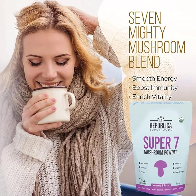 USDA Organic Mushroom Powder (Lion's Mane, Chaga, Reishi, Cordyceps, Maitake, Turkey Tail, No Fillers, 3 oz)