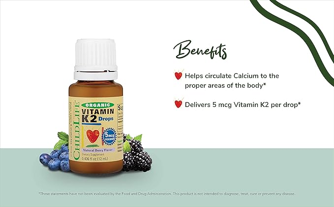 CHILDLIFE Essentials Organic Vitamin K2 Drops - Infant Toddler Baby Vitamin K, K2 Supplement, Vitamin K2 MK7, Liquid K2, Vitamin K Drops - Natural Berry Flavor, 0.25 Fl Oz (Pack of 1)