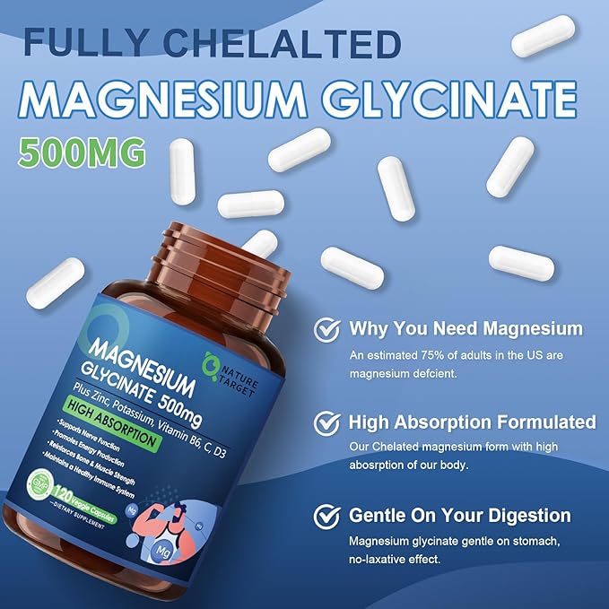 Magnesium Glycinate 500mg, Chelated Magnesium D3 for 120 Capsules
