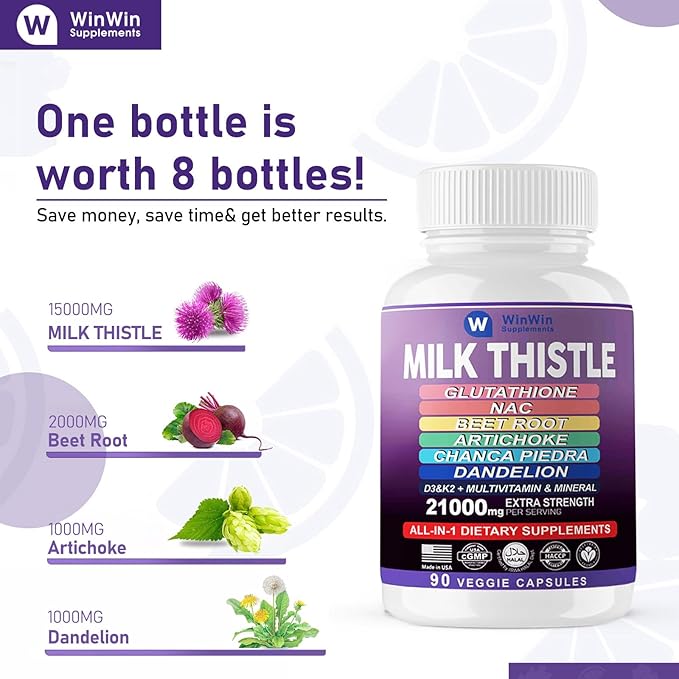 Milk Thistle Supplement 15000mg Organic Artichoke D3&K2 vitamins (29-IN-1)Made In