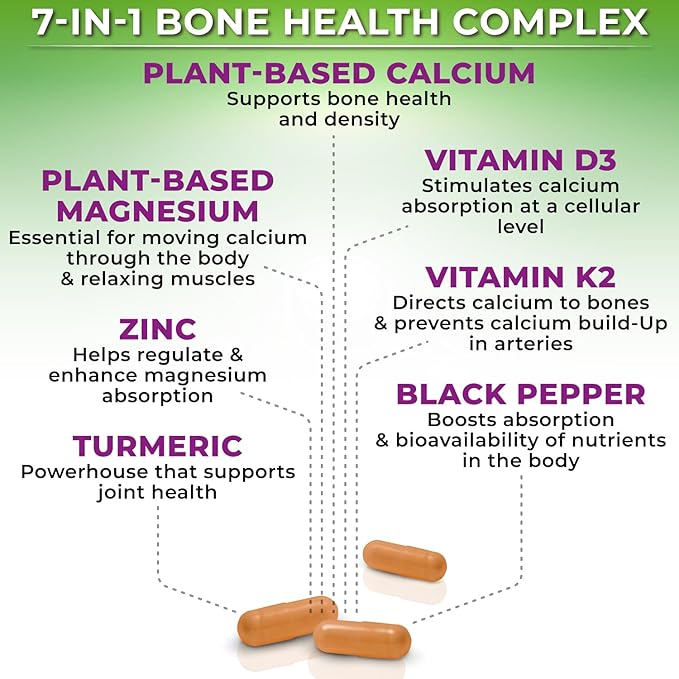 Plant-Based Calcium 500mg (Aquamin) – Vegan Calcium Magnesium Zinc D3 with Vitamin K2 & Organic Turmeric – Enhanced Bone and Muscle Health & Strength, Immune Support for Women & Men - 90 Count