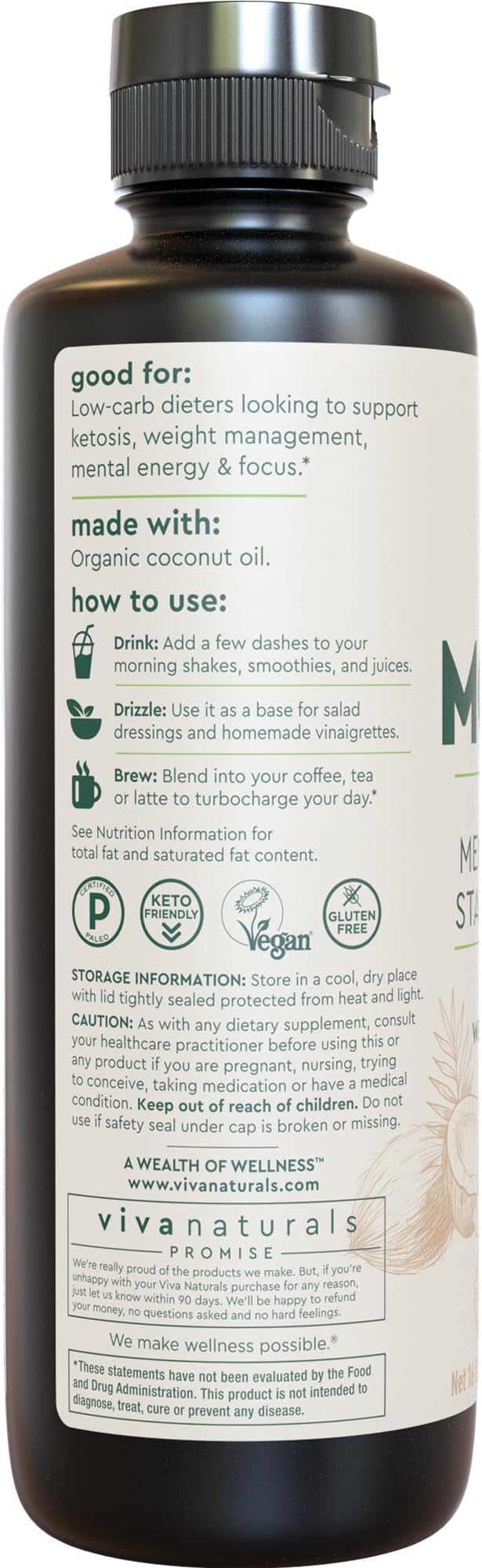Viva Naturals Organic MCT Oil 16 fl oz - Best MCT Oil Organic for Coffee, MCT Coconut Oil Supports Energy & Mental Clarity, USDA Organic, Non-GMO, Paleo & Keto Certified, MCT Wellness