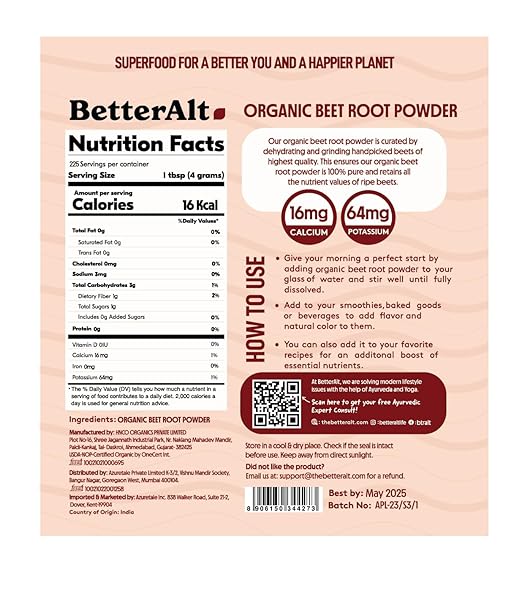 Organic Beet Root Powder, USDA Certified - Nitric Oxide Supplement, Beet Juice Powder Superfood for Healthy Heart, Beetroot Supplement, Beetroot Powder - 225 Servings, 2 lb