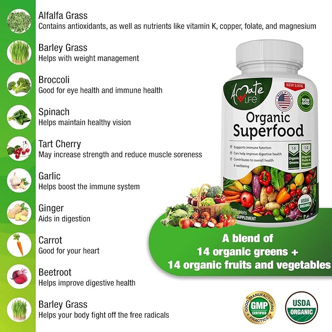 Organic Superfood Greens Fruits and Veggies Complex - Best Dietary Supplement with 14 Greens and 14 Fruits & Vegetables with Alfalfa Rich in Antioxidants Organic Ingredients Non-GMO 60 Tablets