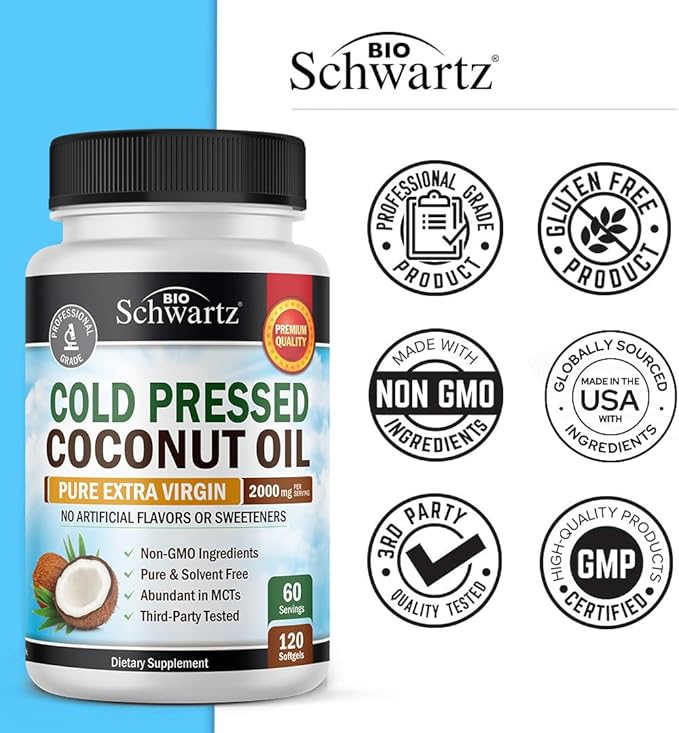 Coconut Oil Capsules 2000mg - Organic Pure Extra Virgin Unrefined Cold Pressed MCT Rich & Non-GMO for Healthy Skin Nails Hair Growth Support Bloating Anti Aging Digestion - 120ct (2 Month Supply)