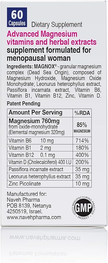 MAGNOX Lady Magnesium Supplement B6, B1, B1, B12, B12, D, 60 Capsules