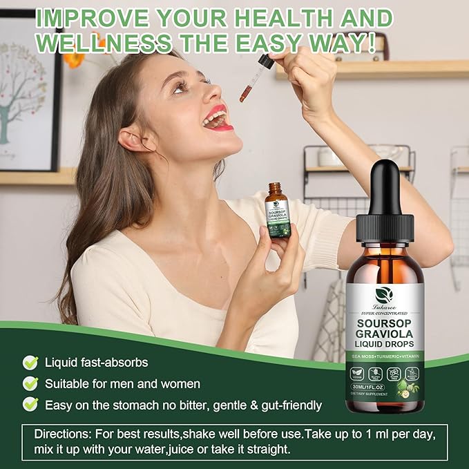 (2 Pack) Soursop Graviola Leaf Extract Liquid Drop Plus Pure Botanical Sea Moss for Cell Support & Regeneration, Immunity, Liver, Zzz & Antioxidant - Soursop Bitters Liquid, 2 Month Supply, 1 Fl Oz