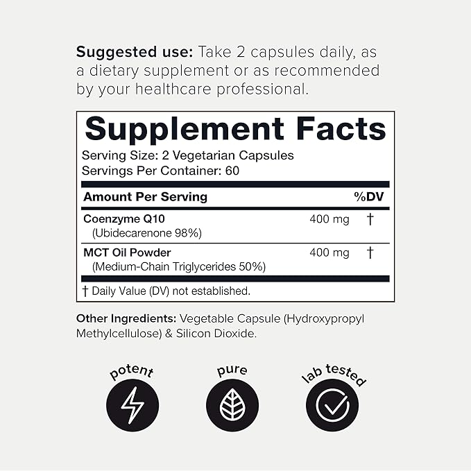 Ultra High Purity CoQ10 400mg 98% Purified CoQ10 Supplement Q10 -Bioavailable -120 Veggie