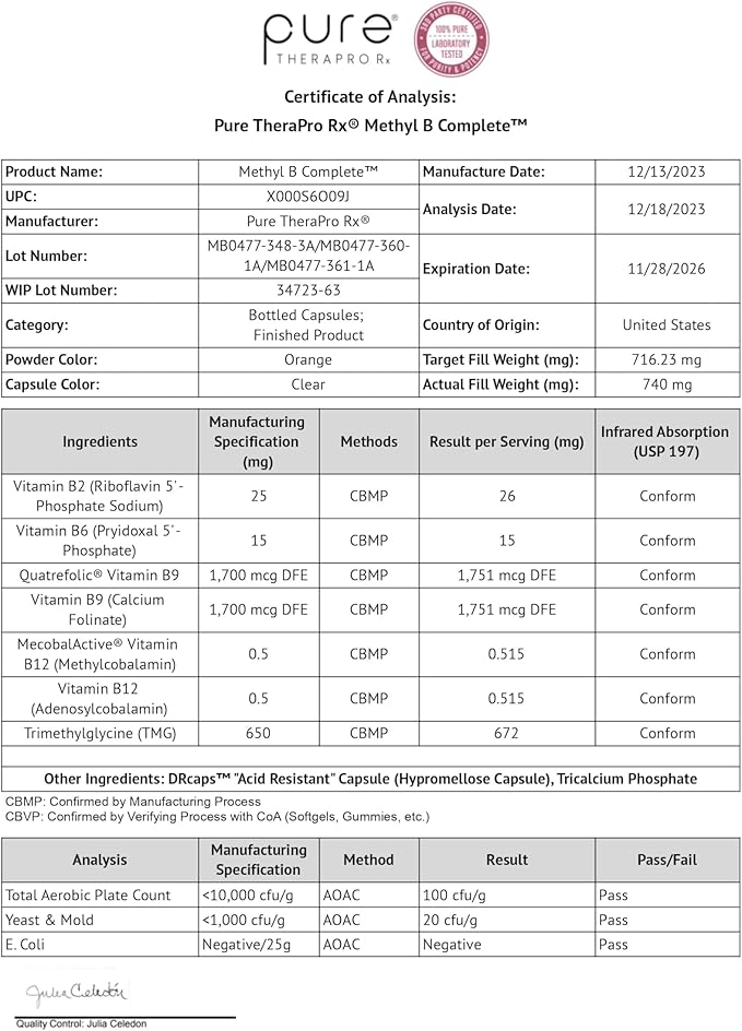 Methyl B Complete 60 Vegetable 5-MTHF (Active B12), B2, B2, B6, B6, and