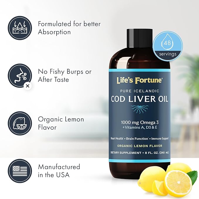 Life's Fortune Cod Liver Oil Liquid (8 Oz) 1,000 mg D3 - 100% Fish