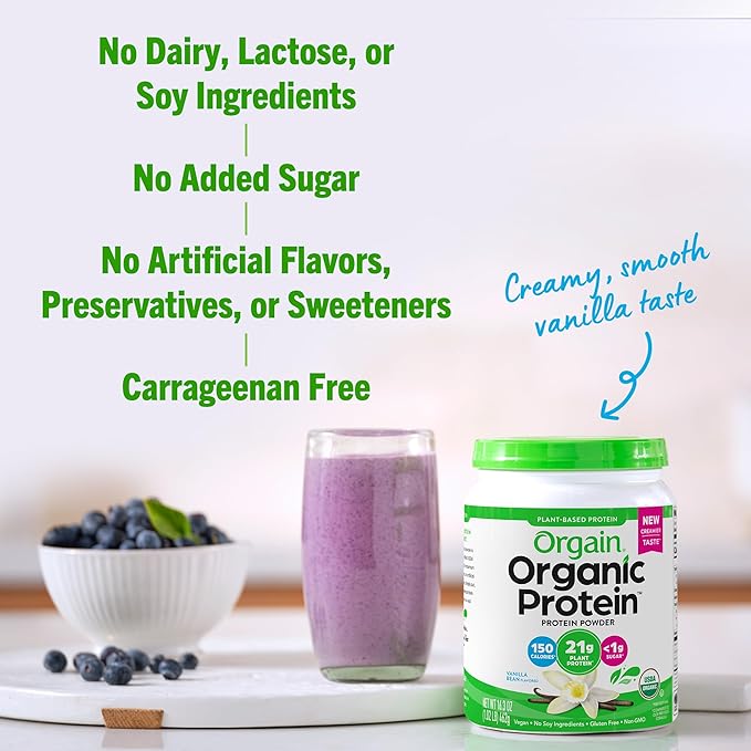 Orgain Organic Vegan Protein Powder, Vanilla Bean 21g Plant 4g Prebiotic 1.02 lb