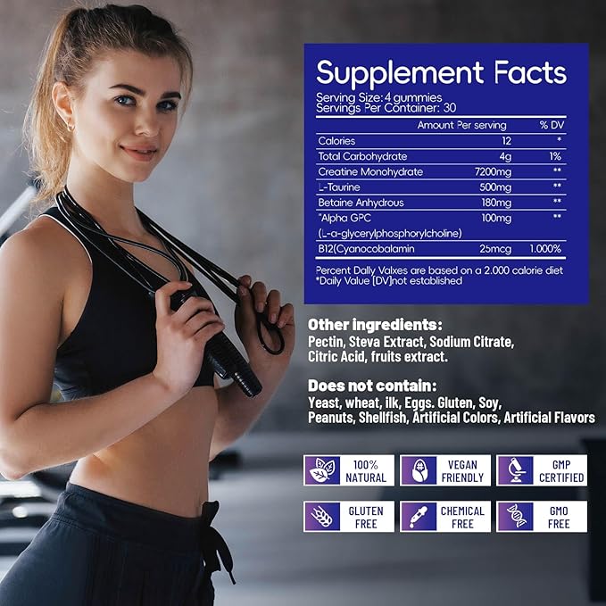 Creatine Monohydrate Gummies for Men & Women 120 CT - 7200mg of Creatine Monohydrate per Serving, Chewable Creatine Monohydrate for Muscle Support & Energy Boost, Sugar Free, Vegan (BlueberryFlavor)
