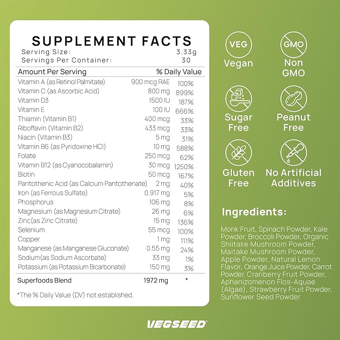 Immunity Greens Superfoods Powder,Immunity, Gut Health, Energy, Stress Relief, Skin, Nails, Hair, Improve Sleep, Overall Health, Multi-Vitamins&Minerals, 30SVG, 100 Grams
