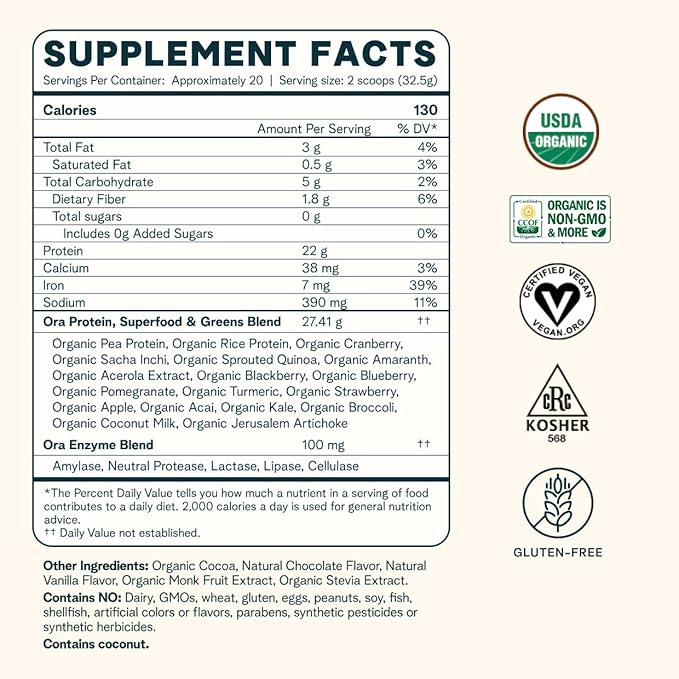 Ora Organic Vegan Protein Powder 22g Plant 20 Servings,