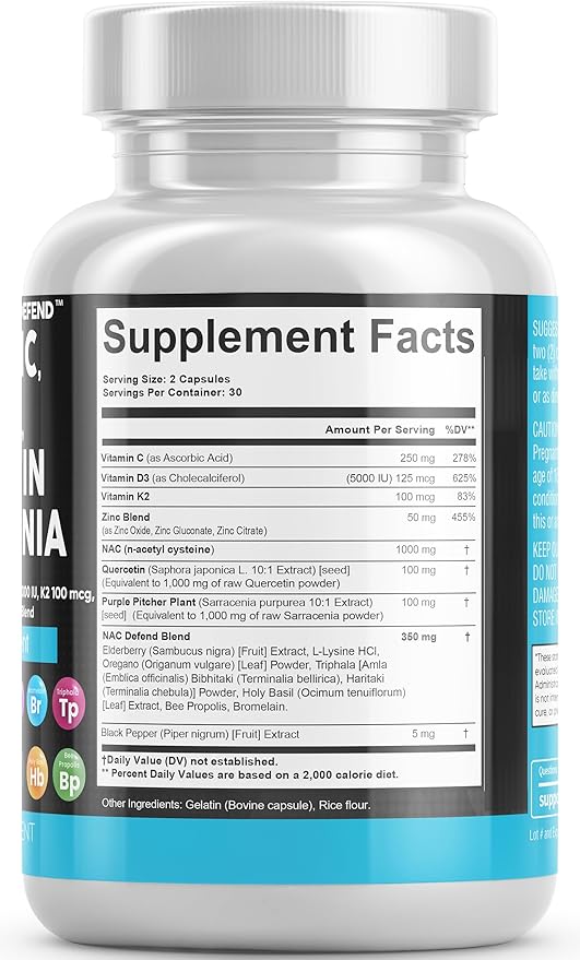 Clean Nutraceuticals NAC Supplement N-Acetyl Cysteine 1000mg Vitamin D3 K2 K2 Zinc 1000mg Sarracenia 1000mg with 60 Count