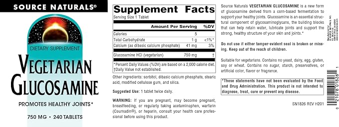 Source Naturals Vegetarian Glucosamine, Promotes Healthy 750 mg 240 Count