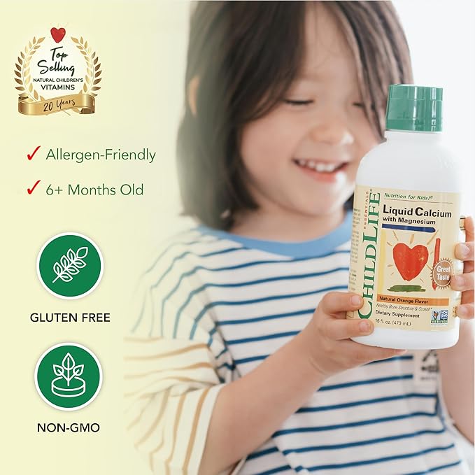 ChildLife Essentials Liquid Calcium Magnesium Supplement - Supports Healthy Bone Growth for Children, Contains Calcium, Magnesium, Zinc, & Vitamin D3, All-Natural, Gluten Free & Non-GMO - Natural Orange Flavor, 16 Ounce Bottle