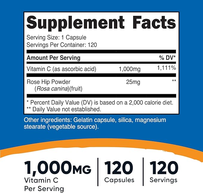Nutricost Vitamin C with Rose Hips 1025mg, 120 120 Capsules 1000mg, Rose 25mg, Premium,