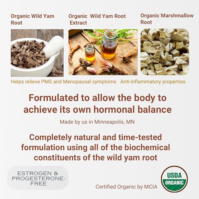Indian Meadow Herbals Wild Yam Root Cream (2oz) - USDA Certified Organic Balancing Cream for PMS & Menopause Relief - Estrogen & Progesterone-Free. Handmade By US. Woman-owned & Operated Since 1994.