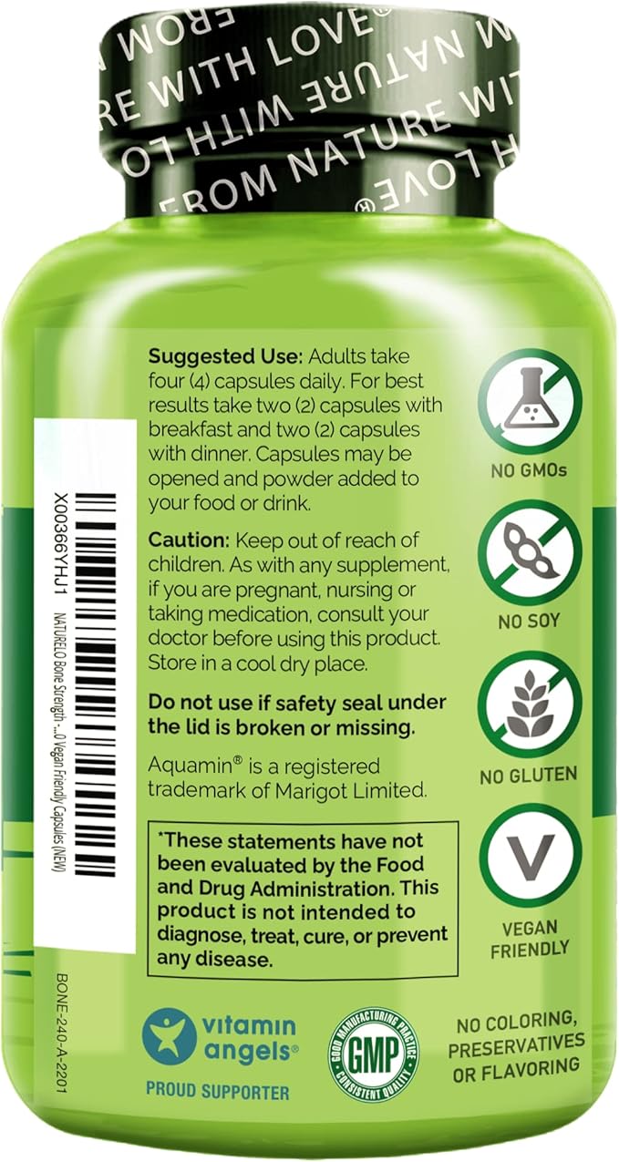 NATURELO Calcium Supplement 600mg, Vitamin D3, K2, K2, C, 240 Vegetarian