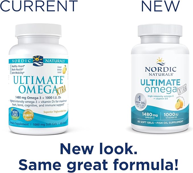 Nordic Naturals Ultimate Omega Xtra, Lemon Flavor 60 Soft 1480 mg Omega-3 + 1000 IU D3 - Omega-3 Fish 30 Servings
