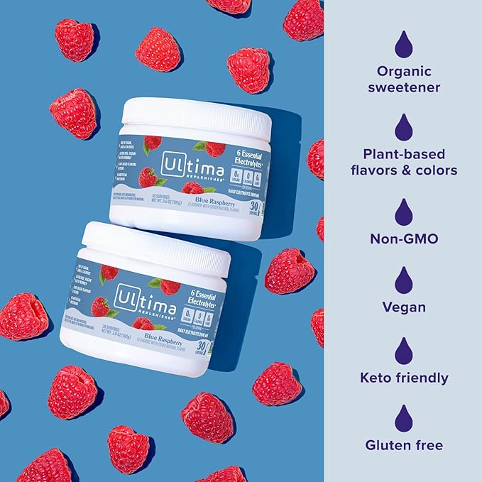 Ultima Replenisher Daily Electrolyte Powder Drink Mix – Blue Raspberry, 30 Servings – Hydration Powder with 6 Electrolytes and Trace Minerals – Keto Friendly, Vegan, Non-GMO and Sugar-Free