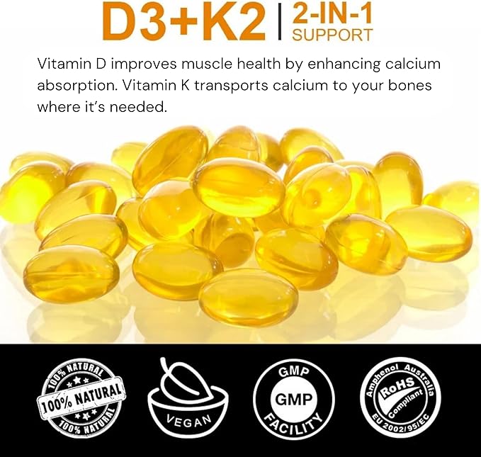 High Potency Vegan K2 (MK 7) 200mcg + D3 5000iu 5000iu w/Organic 120 SoftGels 60-Day Supply