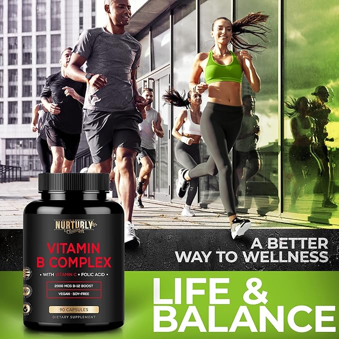 Vitamin B Complex with Vitamin C B1, B2, B2, B3, B3, B5, B5, B6, B6, B7, B7, B9, B9, B12 B12 and 90 Capsules