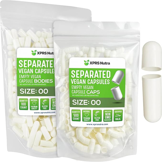 XPRS Nutra Vegan Size 00 Separated Capsules - 500 Count Premium Empty Capsules Separated in Bags - Separated Empty 00 Capsules - Pill Capsules Empty for DIY Supplement Filling (White)