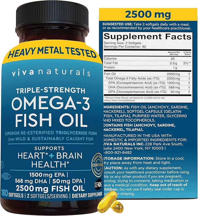 Triple Strength Omega 3 Fish Oil Supplement 2500 mg 3 Fatty 180 Pescatarian-Friendly