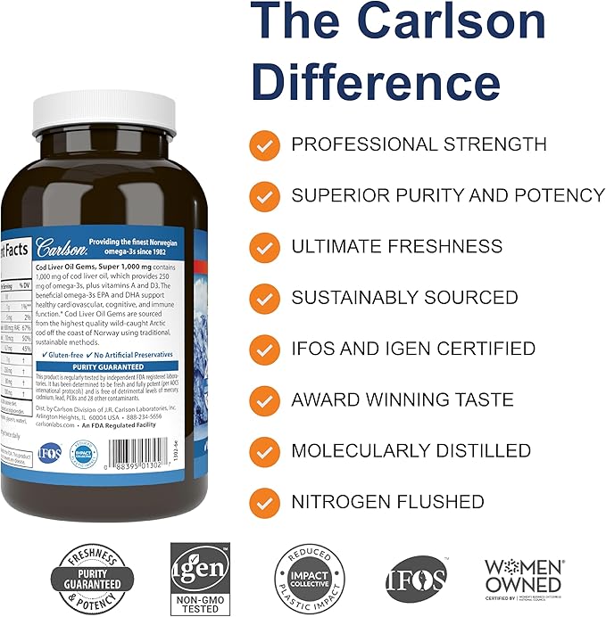 Carlson - Cod Liver Oil Gems, 1000 mg, 250 mg Omega-3s, 400 400 IU (10 mcg) D3, Wild 250 Softgels