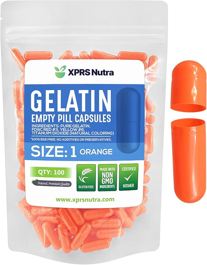 XPRS Nutra Size 1 Empty Capsules - 100 Count Empty Gelatin Capsules - Empty Pill Capsules - DIY Capsule Filling - Pure Bovine Pill Capsules Empty Gel Caps (Orange)