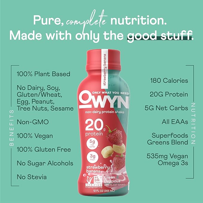 OWYN Only What You Need Vegan Protein Shake, Strawberry Banana, 20g Plant Based Protein, Omega-3, Prebiotic Supplements, Gluten-Free, Soy-Free, Non-GMO (24 Pack) (Packaging May Vary)