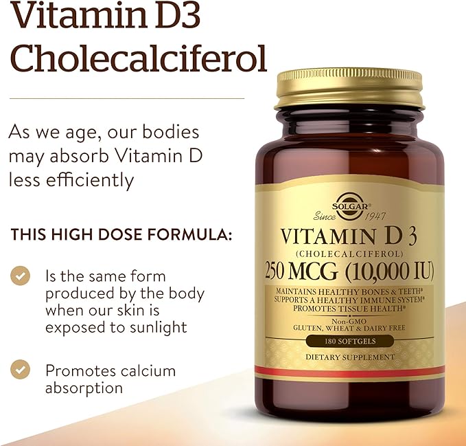 Solgar Vitamin D3 Cholecalciferol 250 MCG 10000 IU 180 Count