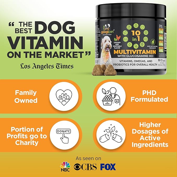 Googipet Premium 10 in 1 Dog Vitamins Multivitamin Chewable w/Dog Probiotics for Gut Health, Dog Vitamins and Supplements w/Vitamin C & Glucosamine for Joint Support (Chicken & Vegetable Flavor)