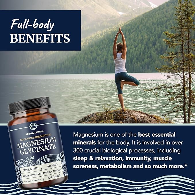 Magnesium Glycinate 400mg | High Absorption Formula for Sleep, Calm, Muscle Relaxation, Heart, Bone & Nerve Support for Women & Men | Chelated Magnesium Glycinate Supplement | 120 Ct (2 Month Supply)