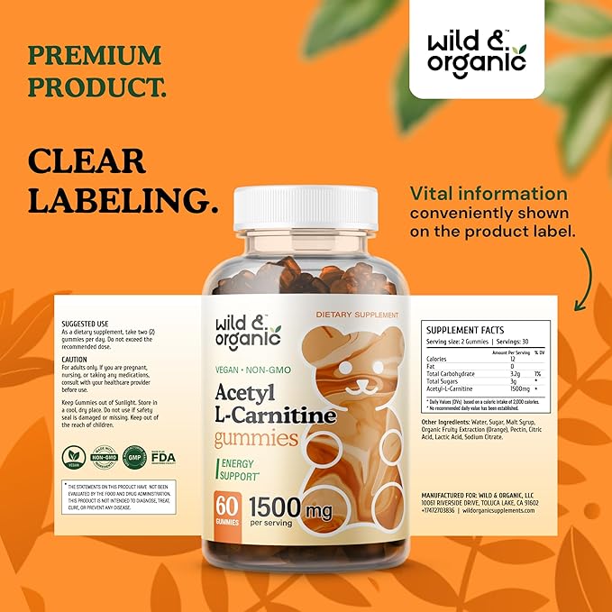 Wild & Organic Acetyl L-Carnitine Gummies 1500mg ALCAR 60 Chews
