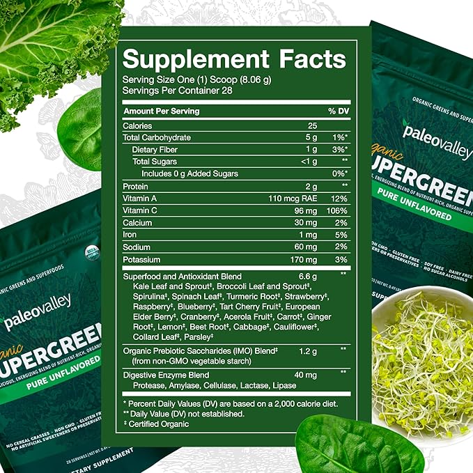 Paleovalley Organic Supergreens Powder - 23 Superfoods with Prebiotic Fiber for Energy and Immunity Support - No Cereal Grasses for Maximum Absorption - Pure Unflavored, 30 Servings
