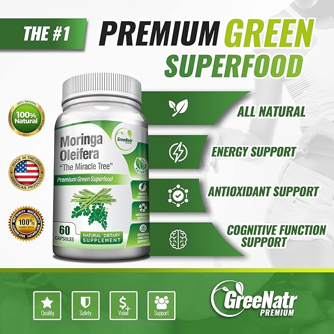 Pure Moringa Oleifera Leaf Extract Veggie Capsules 1000 mg. Natural Herbal Supplement. Energy, Mood, Memory and Focus Support. Premium Green Superfood (3 Bottles)