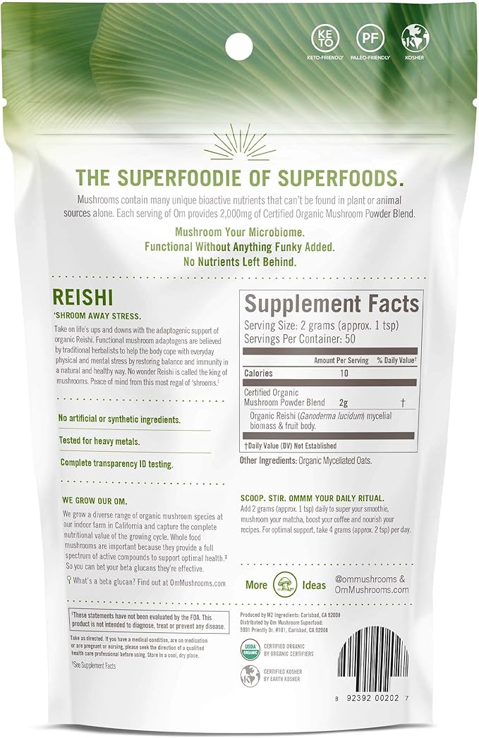 OM MUSHROOM SUPERFOOD Reishi Organic Mushroom Powder, 3.5 Ounce, 50 Servings, Adaptogen, Stress & Immune Support, Superfood Mushroom Supplement