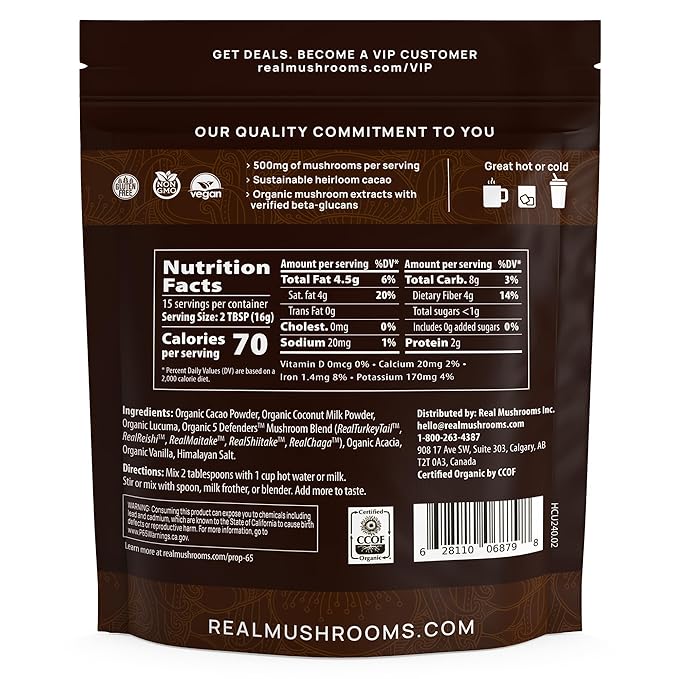 Real Mushrooms Unsweetened Organic Hot Chocolate Mix with 5 Defenders Turkey Tail, Chaga, Maitake, Shiitake, Reishi Mushroom - Cacao Powder Vegan Supplement, 15 Servings