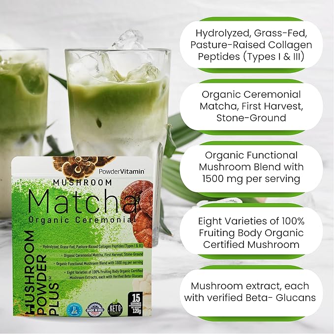 Organic Ceremonial Mushroom Matcha Certified Pesticide-Free Grass-Fed Collagen Types I & III, 8 Fruiting Body Mushrooms Tested for Beta-Glucans Focus Digestion & Immunity 15 Servings