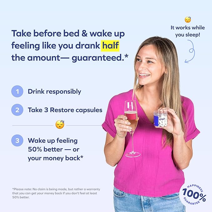 Cheers Restore | Supplement with DHM + L-Cysteine | Feel Better After Drinking & Support Your Liver | 6 Doses | Dihydromyricetin, Cysteine, Milk Thistle, Prickly Pear, B-Vitamins, Ginger