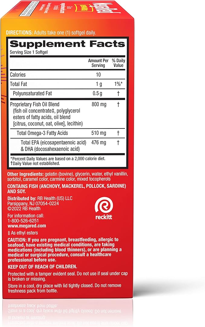 MegaRed Omega 3 Fish Oil Supplement 800mg (per 6X Absorption 3 Fatty (80cnt Box),