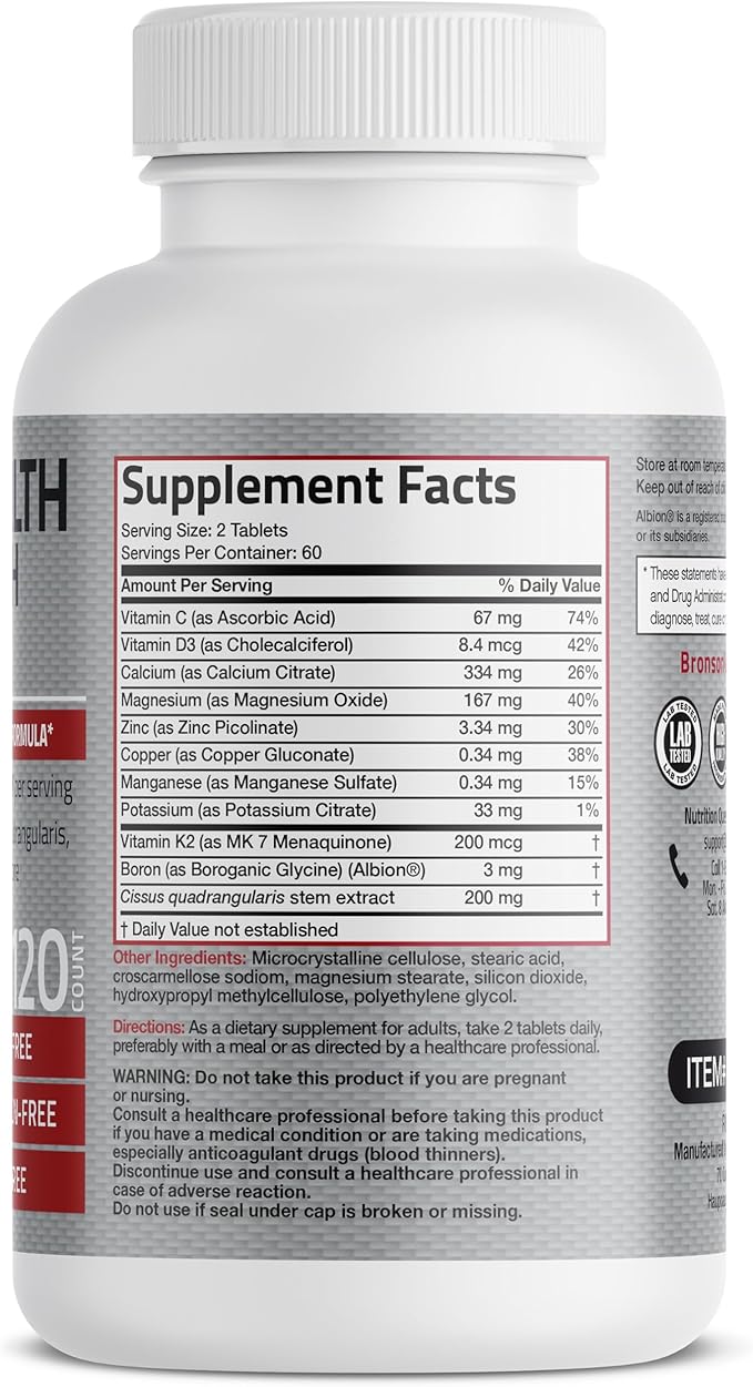 Bronson Bone Health & Strength Complex* 200 MCG K2 as MK7, Plus D3, and 120 Tablets