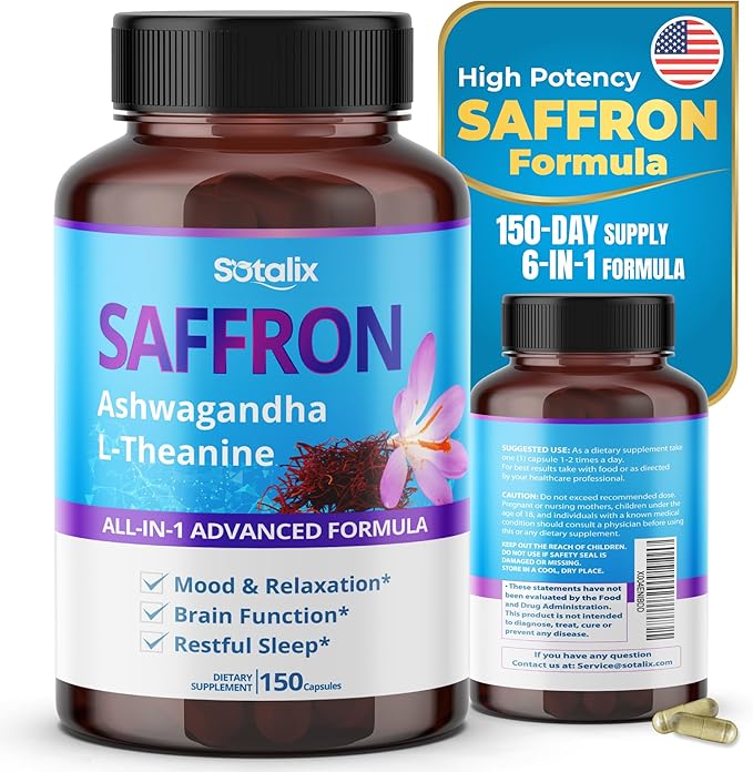 Saffron 14,950mg with Ashwagandha, Ginseng, L-Theanine, Relaxation, Restore - USA Made & Tested (150-day Supply (Pack of 1))