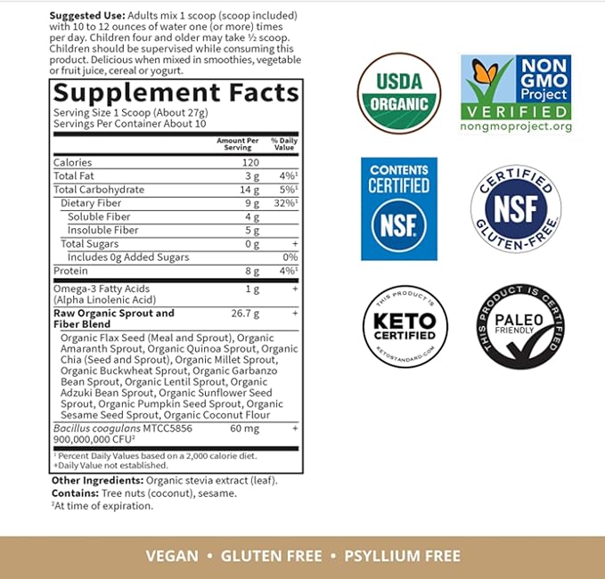 Garden of Life Fiber Supplement, Raw 10 Servings, 15 Organic Omega-3 ALA, 4g Soluble 5g Insoluble