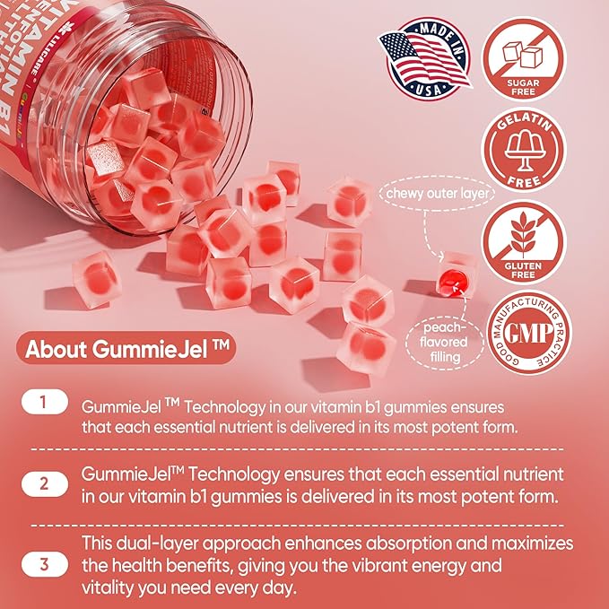 Vitamin B1 Gummies, Benfotiamine 300mg Allithiamine 50mg Thiamine 100mg +8 Vitamin B Complex,Inositol for Women Men, Includes Niacin, L-methylfolate, Methyl B12 for Nerve Energy Overall Health, 60Cts